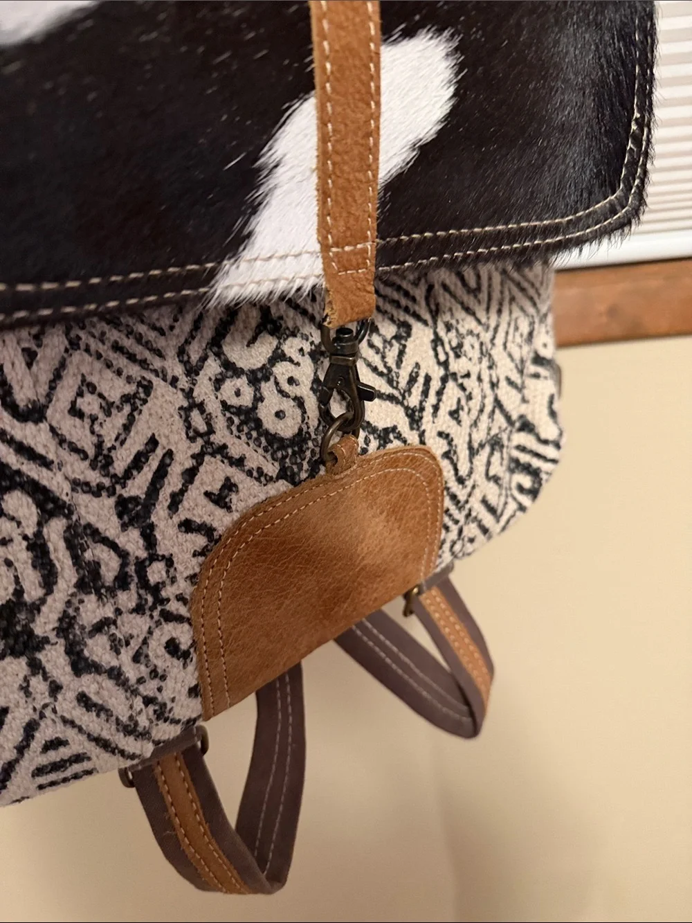 Myra Bag Black & White Cowhide Pattern Backpack with Tan Accents